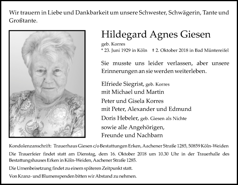  Traueranzeige für Hildegard Agnes Giesen vom 10.10.2018 aus Kölner Stadt-Anzeiger / Kölnische Rundschau / Express