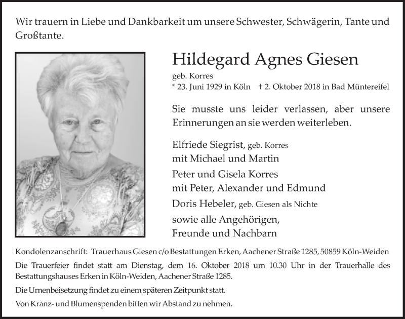  Traueranzeige für Hildegard Agnes Giesen vom 13.10.2018 aus  Sonntags-Post 