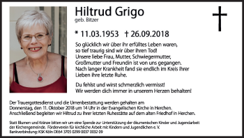 Anzeige von Hiltrud Grigo von Kölner Stadt-Anzeiger / Kölnische Rundschau / Express