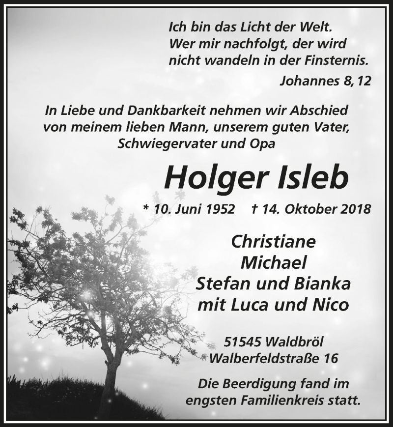  Traueranzeige für Holger Isleb vom 24.10.2018 aus  Lokalanzeiger 