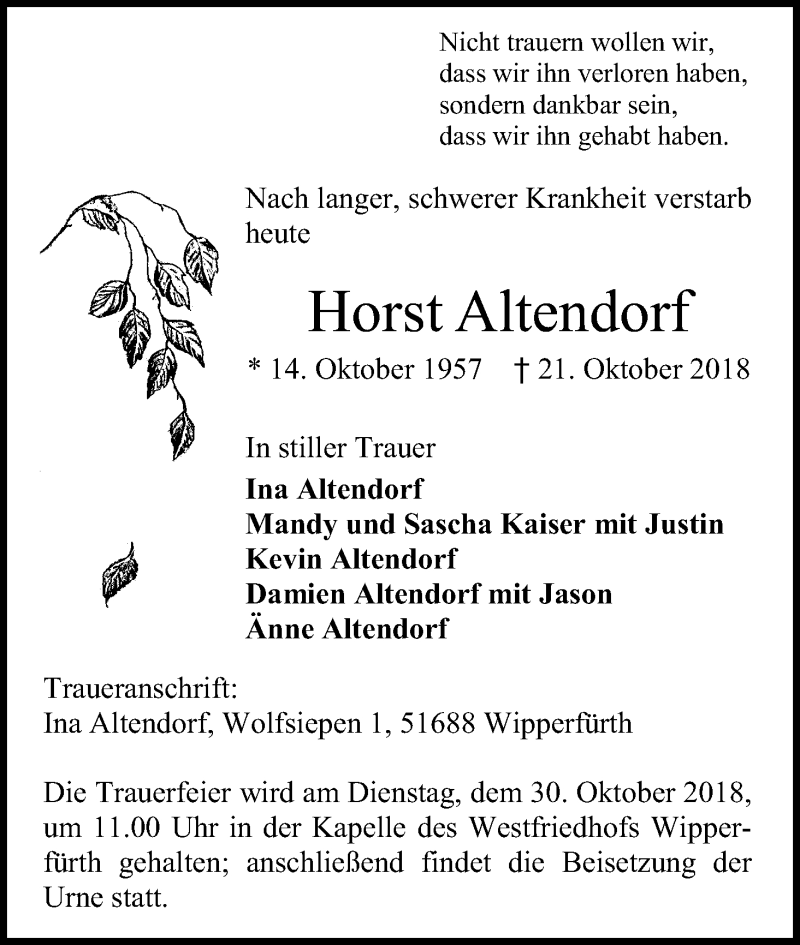  Traueranzeige für Horst Altendorf vom 25.10.2018 aus Kölner Stadt-Anzeiger / Kölnische Rundschau / Express