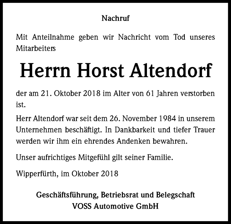  Traueranzeige für Horst Altendorf vom 27.10.2018 aus Kölner Stadt-Anzeiger / Kölnische Rundschau / Express