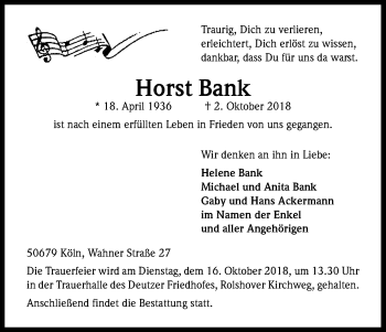 Anzeige von Horst Bank von Kölner Stadt-Anzeiger / Kölnische Rundschau / Express