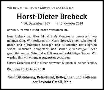 Anzeige von Horst-Dieter Brebeck von Kölner Stadt-Anzeiger / Kölnische Rundschau / Express