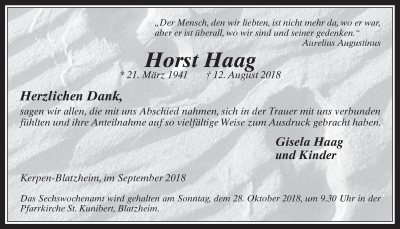  Traueranzeige für Horst Haag vom 03.10.2018 aus  Werbepost 