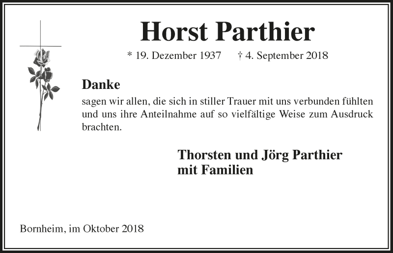  Traueranzeige für Horst Parthier vom 10.10.2018 aus  Schaufenster/Blickpunkt 