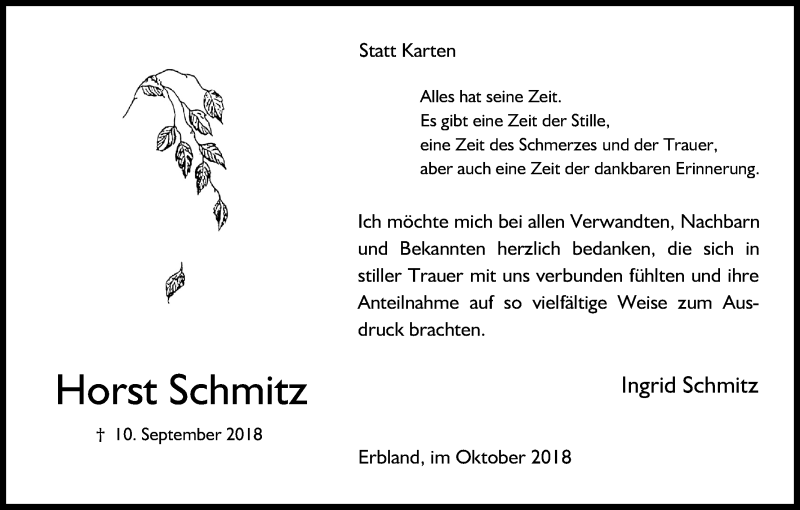  Traueranzeige für Horst Schmitz vom 20.10.2018 aus Kölner Stadt-Anzeiger / Kölnische Rundschau / Express