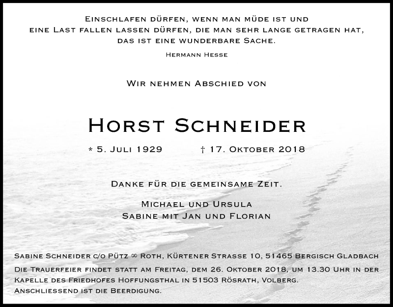  Traueranzeige für Horst Schneider vom 20.10.2018 aus Kölner Stadt-Anzeiger / Kölnische Rundschau / Express
