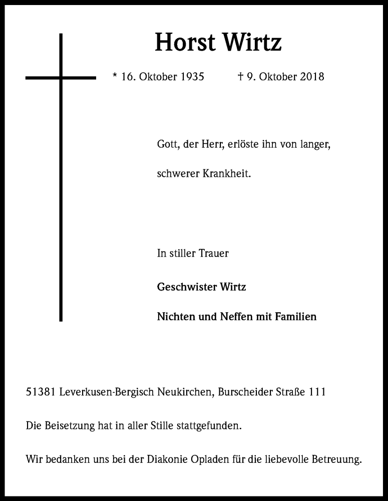  Traueranzeige für Horst Wirtz vom 20.10.2018 aus Kölner Stadt-Anzeiger / Kölnische Rundschau / Express
