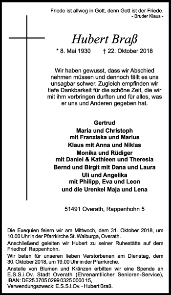 Anzeige von Hubert Braß von Kölner Stadt-Anzeiger / Kölnische Rundschau / Express