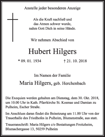 Anzeige von Hubert Hilgers von  Sonntags-Post 