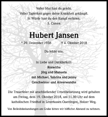 Anzeige von Hubert Jansen von Kölner Stadt-Anzeiger / Kölnische Rundschau / Express