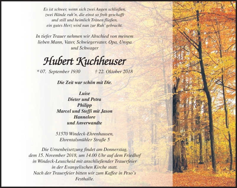 Traueranzeige für Hubert Kuchheuser vom 26.10.2018 aus Kölner Stadt-Anzeiger / Kölnische Rundschau / Express