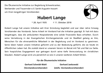 Anzeige von Hubert Lange von Kölner Stadt-Anzeiger / Kölnische Rundschau / Express