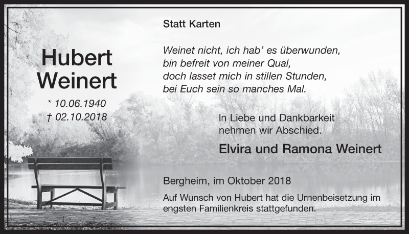  Traueranzeige für Hubert Weinert vom 20.10.2018 aus  Sonntags-Post 