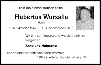 Anzeige von Hubertus Worzalla von Kölner Stadt-Anzeiger / Kölnische Rundschau / Express