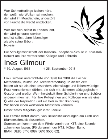 Anzeige von Ines Gilmour von Kölner Stadt-Anzeiger / Kölnische Rundschau / Express
