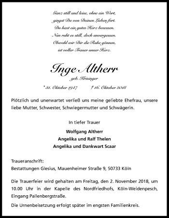 Anzeige von Inge Altherr von Kölner Stadt-Anzeiger / Kölnische Rundschau / Express