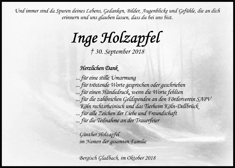  Traueranzeige für Inge Holzapfel vom 31.10.2018 aus  Bergisches Handelsblatt 