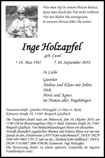 Anzeige von Inge Holzapfel von Kölner Stadt-Anzeiger / Kölnische Rundschau / Express