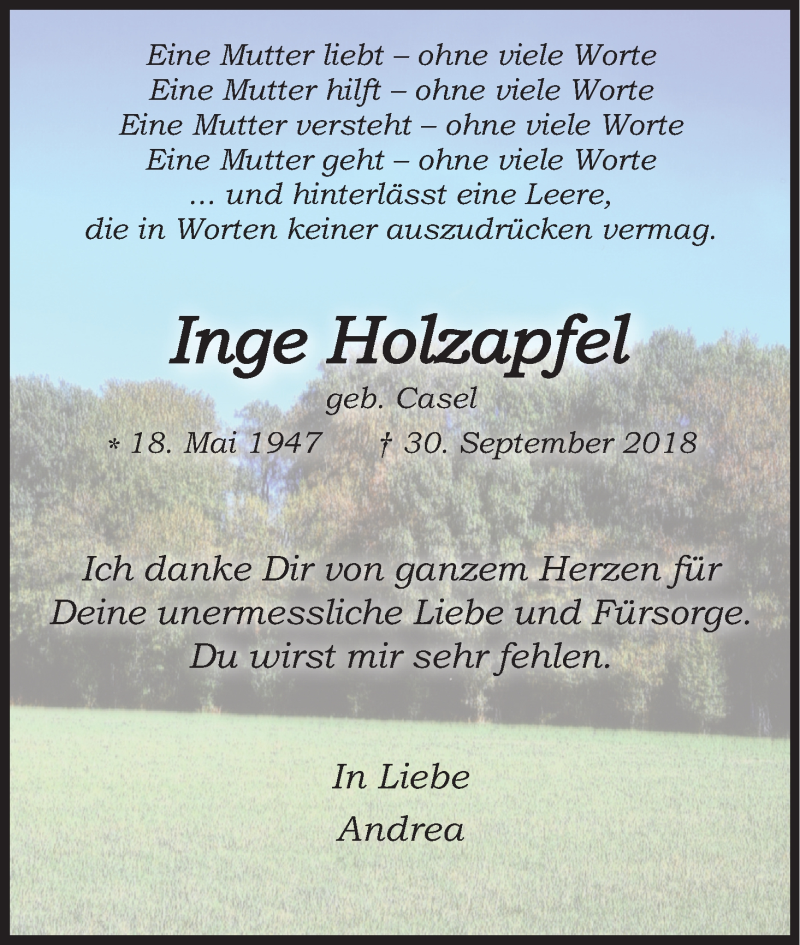  Traueranzeige für Inge Holzapfel vom 06.10.2018 aus Kölner Stadt-Anzeiger / Kölnische Rundschau / Express