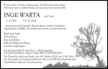 Anzeige von Inge Warta von Kölner Stadt-Anzeiger / Kölnische Rundschau / Express