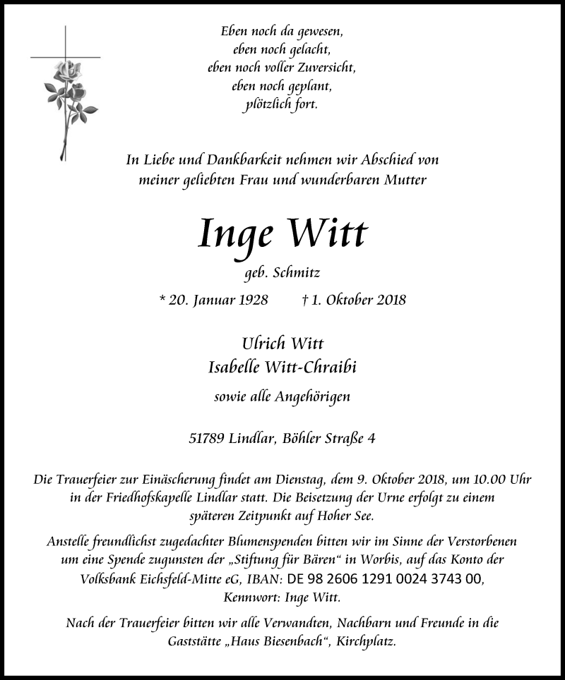  Traueranzeige für Inge Witt vom 06.10.2018 aus Kölner Stadt-Anzeiger / Kölnische Rundschau / Express