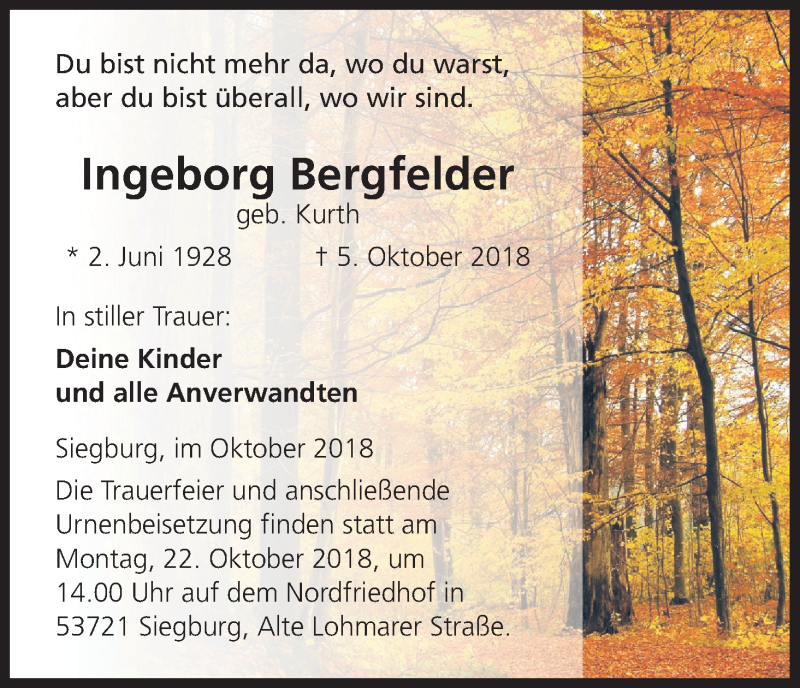  Traueranzeige für Ingeborg Bergfelder vom 13.10.2018 aus Kölner Stadt-Anzeiger / Kölnische Rundschau / Express