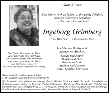 Anzeige von Ingeborg Grimberg von Kölner Stadt-Anzeiger / Kölnische Rundschau / Express