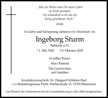 Anzeige von Ingeborg Sturm von Kölner Stadt-Anzeiger / Kölnische Rundschau / Express