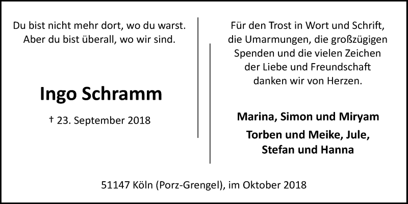 Traueranzeige für Ingo Schramm vom 17.10.2018 aus  Kölner Wochenspiegel 