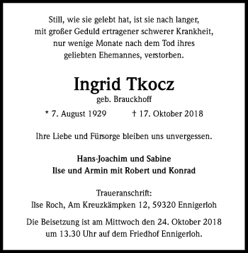 Anzeige von Ingrid Tkocz von Kölner Stadt-Anzeiger / Kölnische Rundschau / Express