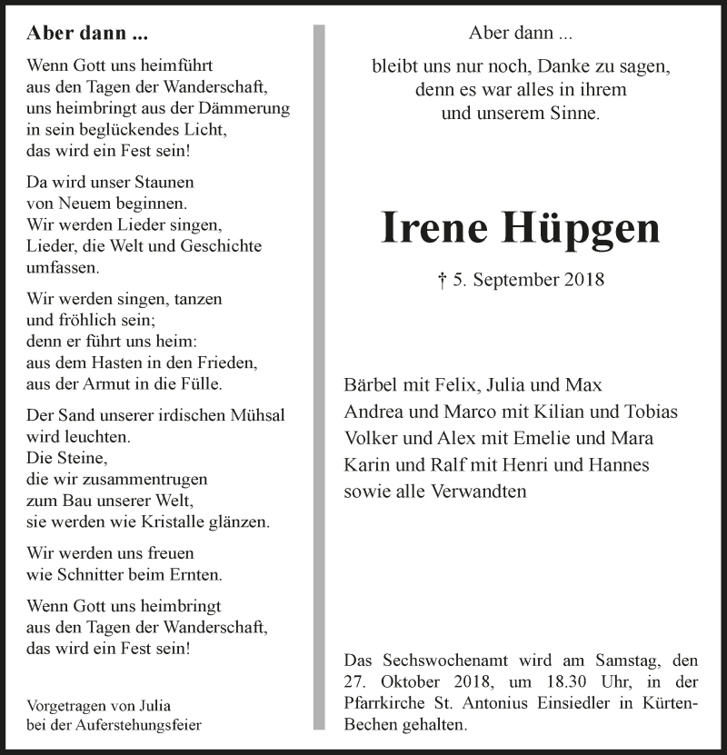  Traueranzeige für Irene Hüpgen vom 24.10.2018 aus  Bergisches Handelsblatt 