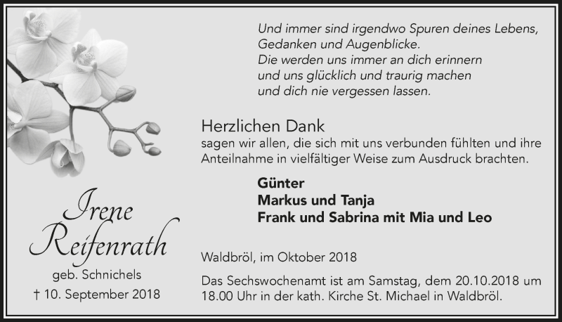  Traueranzeige für Irene Reifenrath vom 17.10.2018 aus  Lokalanzeiger 
