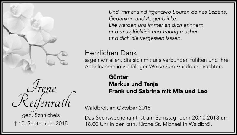 Traueranzeige für Irene Reifenrath vom 13.10.2018 aus Kölner Stadt-Anzeiger / Kölnische Rundschau / Express