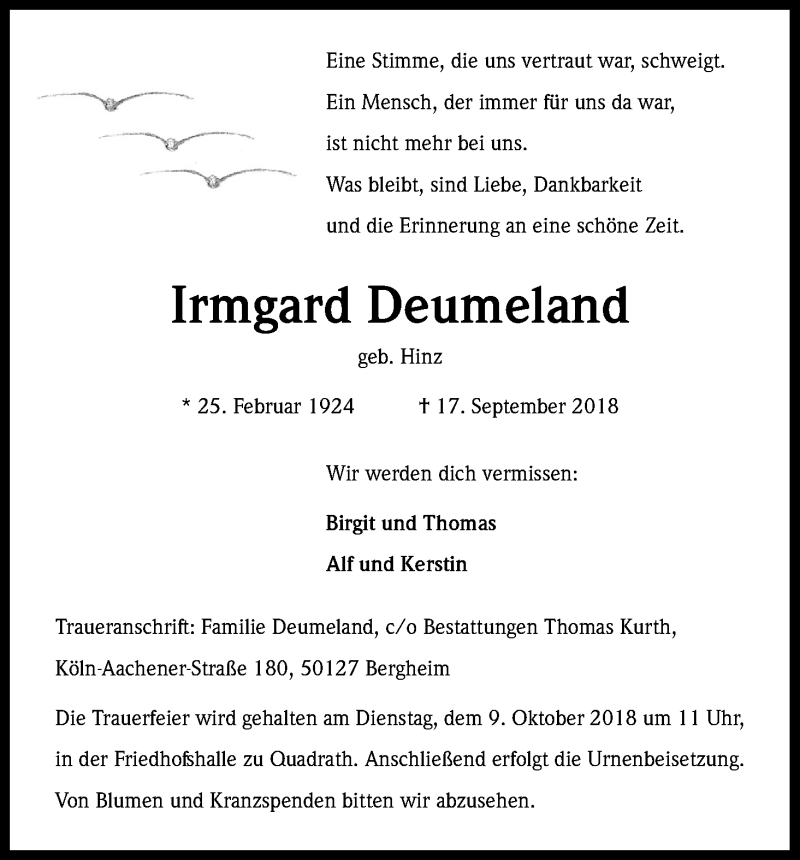  Traueranzeige für Irmgard Deumeland vom 03.10.2018 aus Kölner Stadt-Anzeiger / Kölnische Rundschau / Express