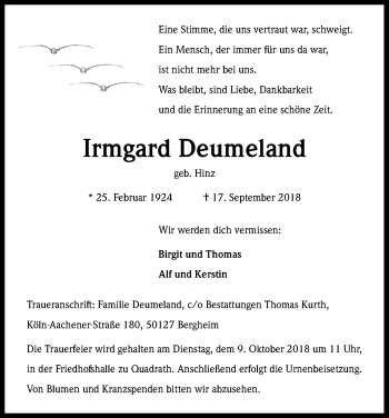 Anzeige von Irmgard Deumeland von Kölner Stadt-Anzeiger / Kölnische Rundschau / Express