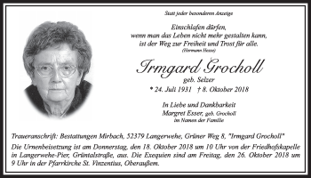 Anzeige von Irmgard Grocholl von  Sonntags-Post 