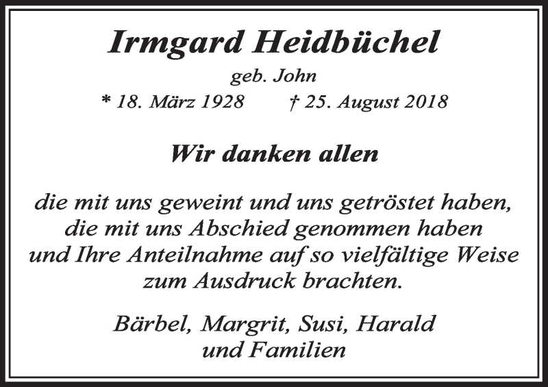  Traueranzeige für Irmgard Heidbüchel vom 13.10.2018 aus  Sonntags-Post 