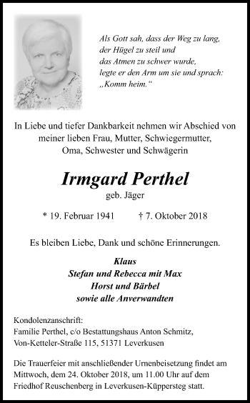 Anzeige von Irmgard Perthel von Kölner Stadt-Anzeiger / Kölnische Rundschau / Express