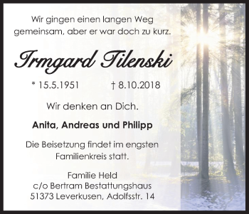 Anzeige von Irmgard Tilenski von Kölner Stadt-Anzeiger / Kölnische Rundschau / Express
