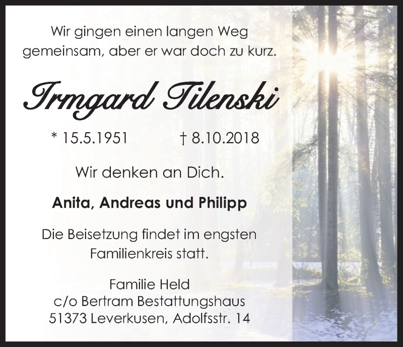  Traueranzeige für Irmgard Tilenski vom 20.10.2018 aus Kölner Stadt-Anzeiger / Kölnische Rundschau / Express