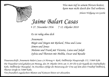 Anzeige von Jaime Balart Casas von Kölner Stadt-Anzeiger / Kölnische Rundschau / Express
