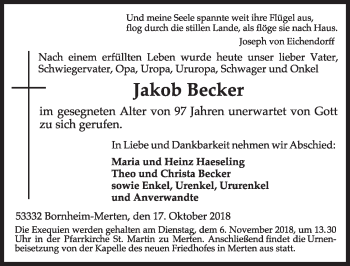 Anzeige von Jakob Becker von  Schlossbote/Werbekurier 