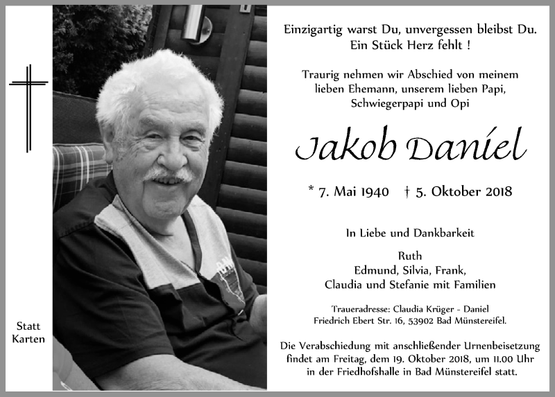  Traueranzeige für Jakob Daniel vom 13.10.2018 aus  Blickpunkt Euskirchen 