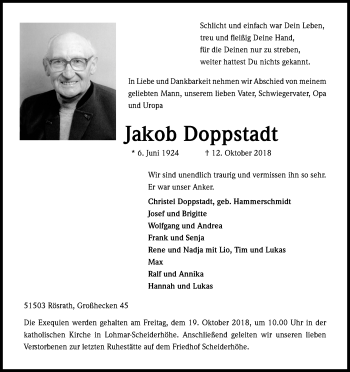 Anzeige von Jakob Doppstadt von Kölner Stadt-Anzeiger / Kölnische Rundschau / Express