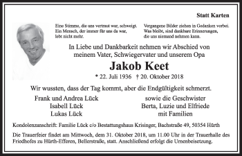 Anzeige von Jakob Keet von  Sonntags-Post 
