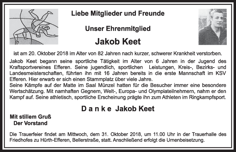  Traueranzeige für Jakob Keet vom 27.10.2018 aus  Sonntags-Post 