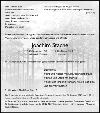 Anzeige von Joachim Stache von Kölner Stadt-Anzeiger / Kölnische Rundschau / Express
