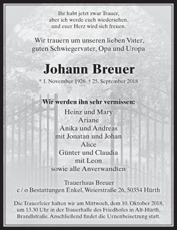 Anzeige von Johann Breuer von  Wochenende 
